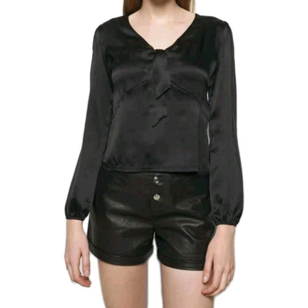 Maje Black Silk Satin Tied Size 1 US XS Blouse Long Sleeve Top